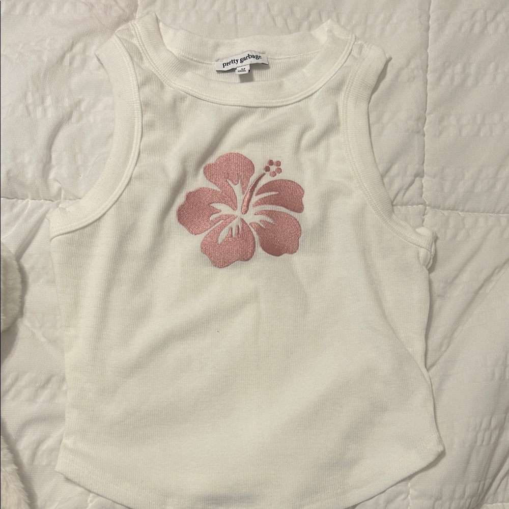 White Tank Top with Pink Flower